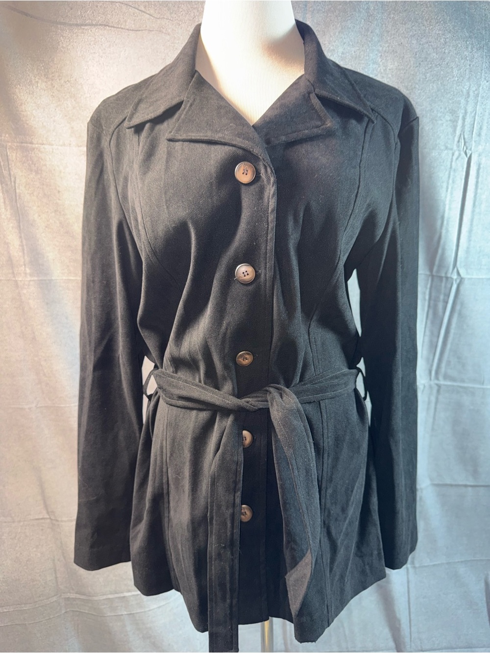 43A-Vintage Apostrophe Black Button-Front Belted Trench Coat